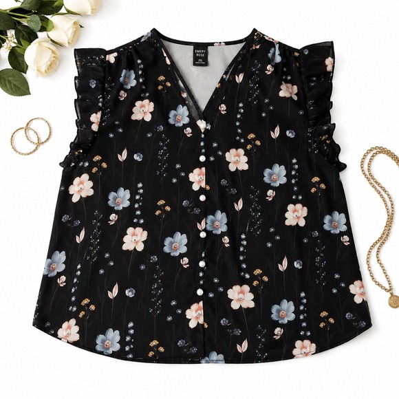 Emery Rose Tops - Emery Rose Floral Blouse Women 2XL Black Ruffle Cap Sleeve V-Neck Button Front